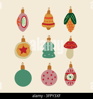 Vintage Christmas ornament clip art featuring classic baubles, stars, bells, Christmas trees, corn, mushrooms and a festive clock in a warm Scandinavian-inspired style. Nostalgic retro holiday. Vector illustration Stock Vector
