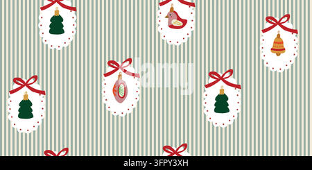 Vintage Christmas pattern with elegant green vertical stripes, white decorative rosettes and classic ornaments featuring birds, Christmas trees and bells with red bows. Nostalgic Scandinavian holiday. Vector illustration Stock Vector