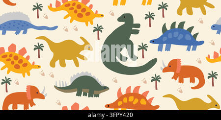 Cute seamless pattern featuring a friendly green T. rex with colorful herbivore dinosaurs, prehistoric palm trees and dinosaur footprints on a warm paper textured background. Hand drawn Scandinavian. Vector illustration Stock Vector