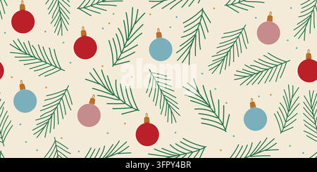 Retro Christmas pattern featuring minimalist evergreen branches, colorful confetti dots and classic round tree ornaments on a warm paper background. A playful Scandinavian holiday design. Vector illustration Stock Vector