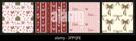 Seamless heart and bow designs for romantic holiday cards and gift wraps. Vector doodle set of cute patterns with love signs on pink and red checkered and striped background, decorative prints Stock Vector