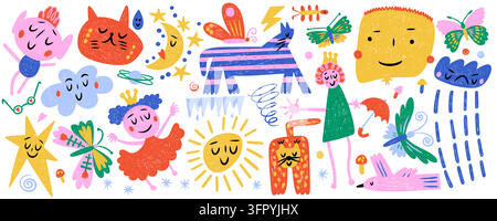 Cute crayon drawings for children art project. Vector illustration of bright color pastel princess, butterfly, cat, moon, stars, sun and rainy cloud, playful creative icons for kindergarten designs Stock Vector