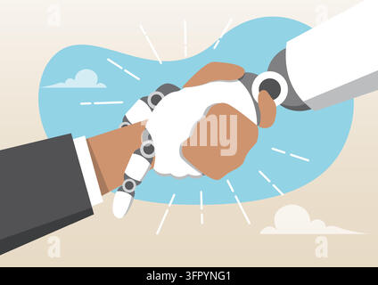 A human hand shaking hands with a white and grey robotic arm Stock Vector