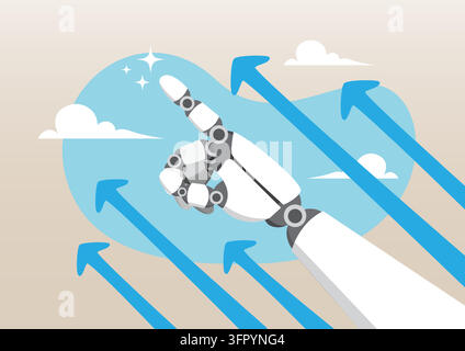 A white and grey mechanical robotic hand pointing its index finger upwards Stock Vector