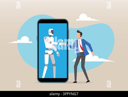 A businessman in a blue suit shaking hands with a white humanoid robot Stock Vector