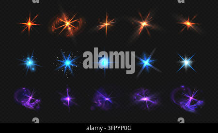Bright star flare with realistic light glow effect. Colored sparkle twinkle with shimmer rays. Isolated vector elements for festive design and magic backgrounds. Blue, orange and purple lights. Stock Vector