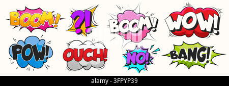 Comic book burst elements with pop art speech bubbles and cartoon explosion effects for retro text design. Vector frames with shock words as boom and pow, wow and bang for vintage manga-style graphic. Stock Vector