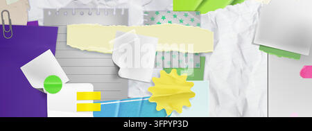 Colorful collage of crumpled paper sheets with torn edges and bright tape strips. Vector textured notebook pages creating an artistic scrapbook composition with ripped elements for funky background. Stock Vector