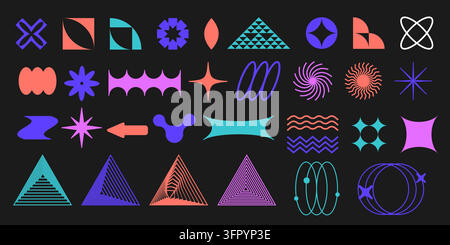 Modern abstract brutalist icons with bold geometric shapes, flowers and stars. Contemporary vector graphic design elements for posters, prints and creative projects. Modern flat retro figures set. Stock Vector