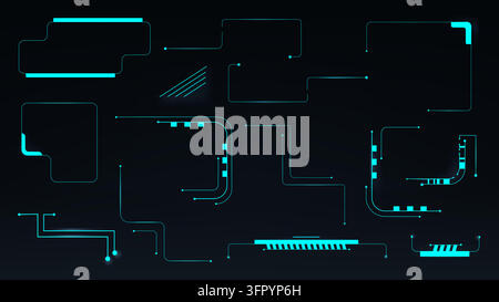 HUD tech interface frames and glowing game elements. Vector holographic blue panels for ui screens and cyber dashboards. VR universe background with infographic interface graphic. Display dashboard. Stock Vector