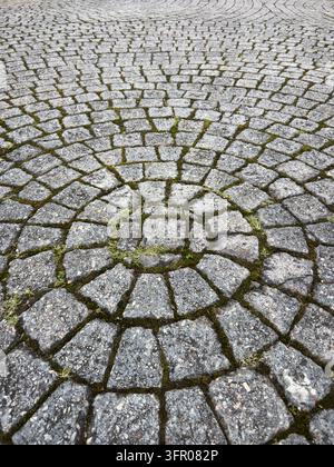 circular cobblestone pavement texture background, gray granite stones arranged with green moss, soft focus and copy space, rustic urban landscaping Stock Photo
