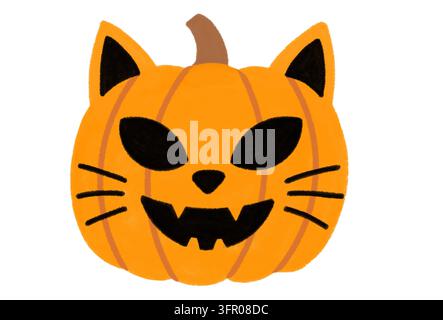 Cute Halloween pumpkin carved as a smiling cat face with ears and whiskers Stock Photo