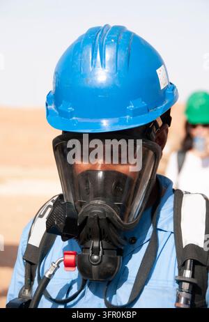 A professional worker in protective gear stands in a desert environment while performing essential maintenance tasks at an industrial energy facility Stock Photo