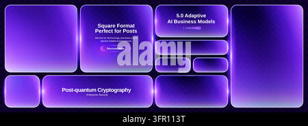 Glass neon box with purple text 3d and button frame shape. Background light blue with vector rectangle square and transparent game icon. Glow screen u Stock Vector