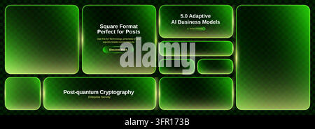 Text neon green with box glass rectangle for 3d glow frame. Button light icon with design sign game for red tech line. Web digital square with blue ba Stock Vector