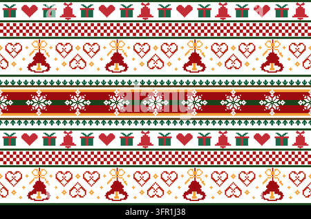 seamless pixel art border pattern festive Christmas featuring repetitive rows traditional holiday elements bells hearts gift boxes snowflakes vibrant Stock Vector