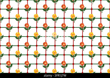 seamless vector pattern features grid stylized orange yellow flowers green leaves arranged lattice intersecting green red lines with dots Stock Vector