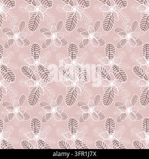 Seamless vector pattern featuring stylized tropical flower foliage dusty pink background design elements consist outline sketches white muted dark ton Stock Vector