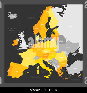 Political map of Europe with yellow highlighted 27 European Union, EU, member states after Brexit in 2020. Countries and capital cities. Simple flat vector illustration on dark background. Stock Vector