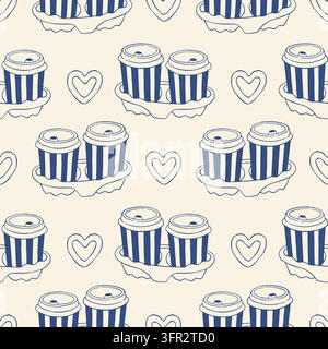 Seamless blue vector pattern with takeaway coffee cup pairs in striped holders and doodle hearts. Charming line art design perfect for coffee shop Stock Vector