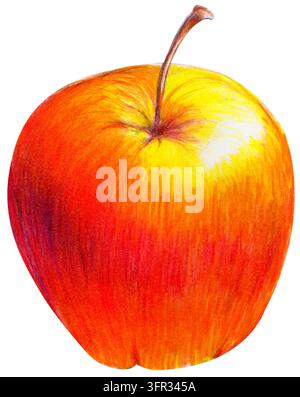Detailed hand-drawn red apple illustration in colored pencil, featuring vibrant orange and yellow highlights and a realistic stem on a white canvas. Stock Photo