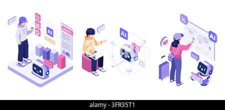 Isometric Set of Young Gen Z People Using AI Artificial Intelligence in Travel Planning and Work. Gen Z Working with AI Concept Stock Vector