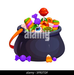 Cartoon Halloween black witch cauldron candies Stock Vector