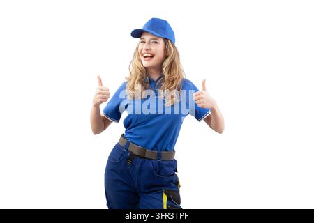 Cheerful female delivery worker in blue uniform giving double thumbs up gesture, isolated on white background. Perfect for shipping satisfaction, ware Stock Photo