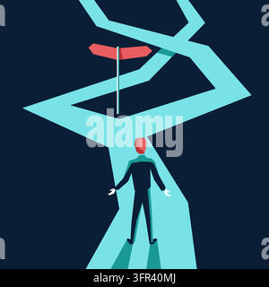 Person Thinking before important choice - crossroads, signpost and character in abstract art style - correct decision choosing. vector Stock Vector