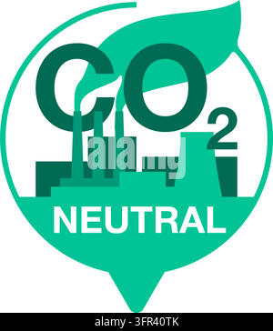 CO2 neutral. Green badge in pin form with factory silhouette, net zero carbon footprint - carbon emissions free no air atmosphere pollution Stock Vector
