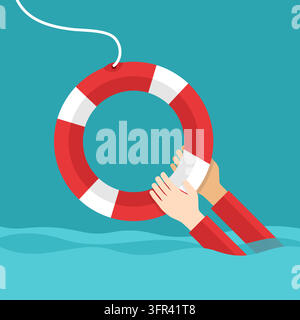 Hands holding lifebuoy - help and surviving in bankruptcy or other trouble, support concepts. Flat vector illustration Stock Vector