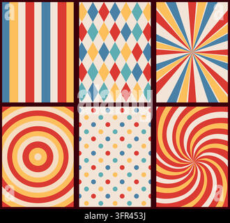 Set of 6 retro groovy circus seamless pattern, flat style. Stock Vector