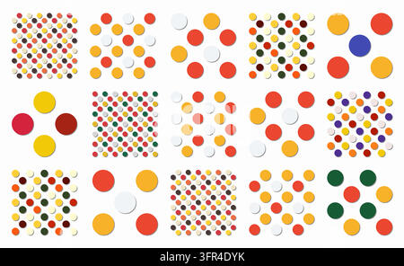 Collection of seamless polka dot patterns featuring vibrant circles and round shapes. Minimalist aesthetic with an artistic touch. Contemporary geomet Stock Vector