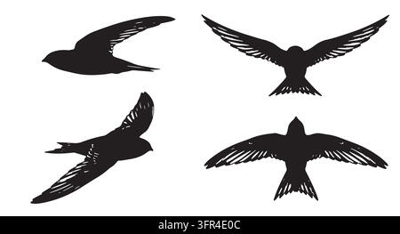 Collection of black bird silhouettes in various flying poses with flight Stock Vector
