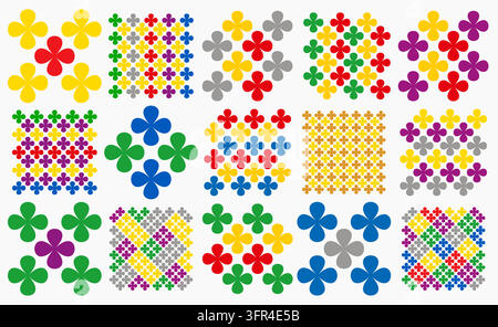 Seamless vector pattern set featuring clover like flower shapes in a vibrant checkered design. Modern geometric style, ideal for backgrounds, wallpape Stock Vector
