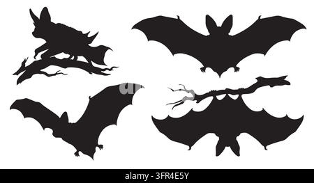 Set of black bat silhouettes in flight and hanging on branches with flying Stock Vector