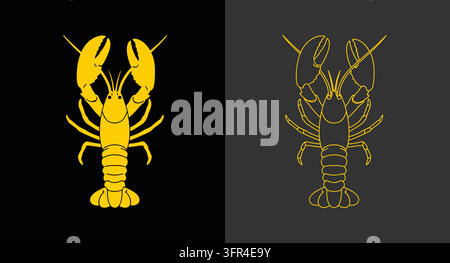 Lobster illustration in gold ink on contrasting black and gray backgrounds Stock Vector
