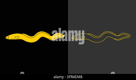 Golden eel illustration shown in solid color and outline variants Stock Vector