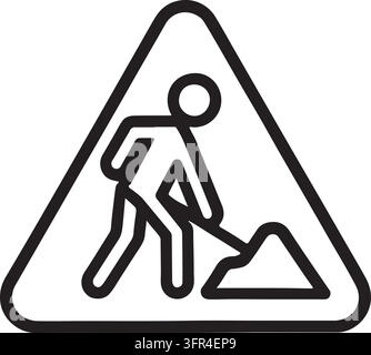Black and white line art icon of a man shoveling dirt inside a triangular road work warning sign. Stock Vector