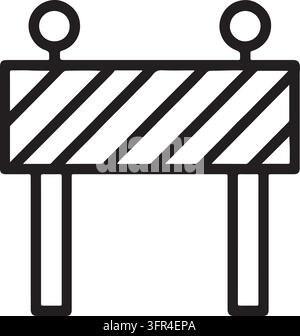 A black and white line art icon depicts a construction barrier with diagonal stripes and two circular lights on top. Stock Vector