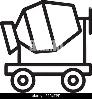 A black outline icon of a portable cement mixer with a rotating drum and two wheels on a plain white background. Stock Vector