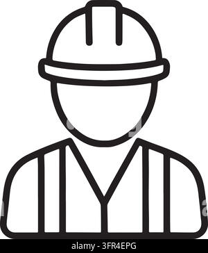 Line icon of a worker wearing a hard hat and safety vest, representing a construction professional or engineer. Stock Vector