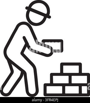 A line art icon depicts a construction worker wearing a hard hat and laying bricks. Stock Vector
