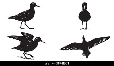 Set of four black silhouettes of wading birds in various flying poses Stock Vector