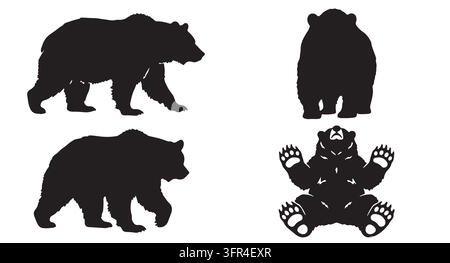 Black silhouette collection of brown bears in different stances with bear Stock Vector