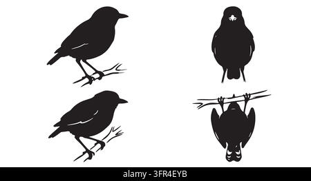 Black and white bird silhouettes in various poses on tree branches with wildlife Stock Vector