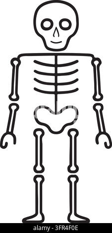 A simple black and white line drawing of a smiling human skeleton on a plain white background. Stock Vector