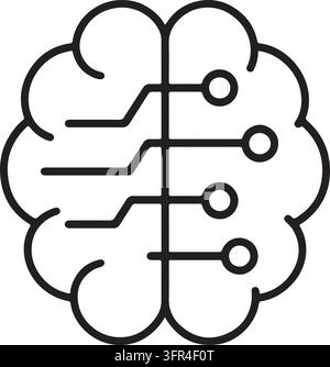 A black outline icon of a human brain with internal circuit board connections, representing artificial intelligence and digital processing. Stock Vector