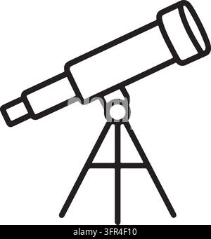 A simple line art icon of a telescope mounted on a tripod, presented on a white background. Stock Vector