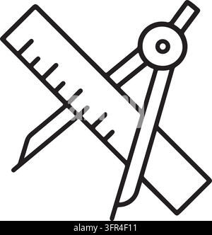 A black outline icon shows a ruler and a drawing compass crossed, symbolizing tools for geometry, measurement, and design. Stock Vector